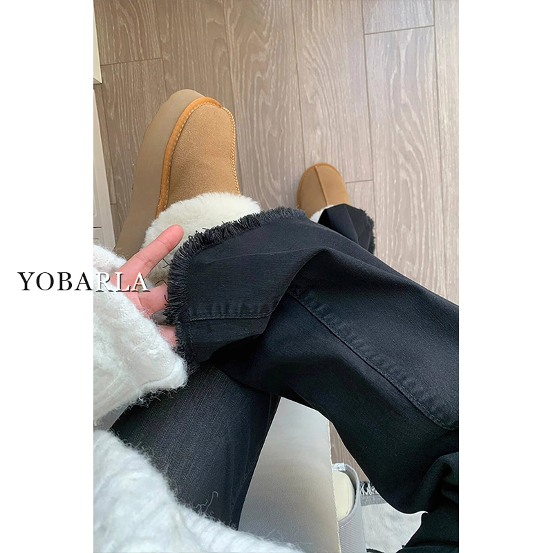 黑色毛边微喇牛仔裤女秋冬加绒加厚胖mm大码显瘦高腰弹力喇叭裤子,淘宝优惠券,粉丝福利购,淘宝优惠卷