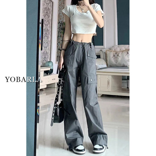 美式灰色直筒工装裤女秋季新款大码胖mm宽松显瘦梨形身材休闲裤子