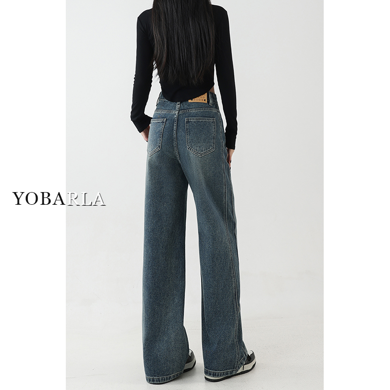 水洗蓝阔腿牛仔裤女秋冬加绒大码胖mm高腰宽松梨形身材显瘦直筒裤 - 图2