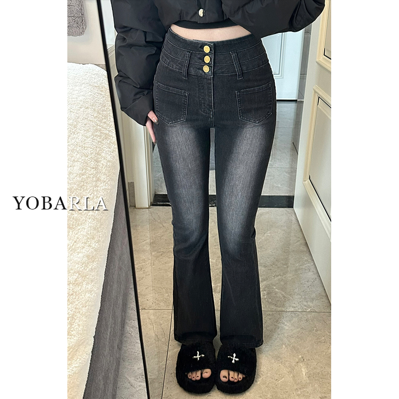 黑灰色高腰微喇牛仔裤女秋冬加绒加厚大码胖mm弹力显瘦喇叭马蹄裤 - 图0