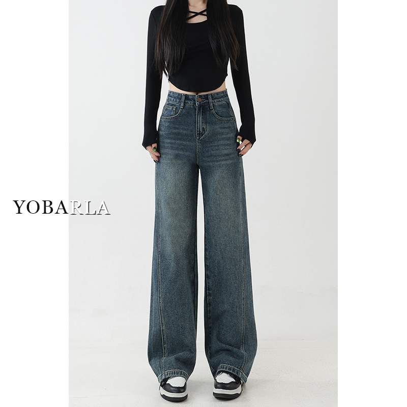 水洗蓝阔腿牛仔裤女秋冬加绒大码胖mm高腰宽松梨形身材显瘦直筒裤 - 图1