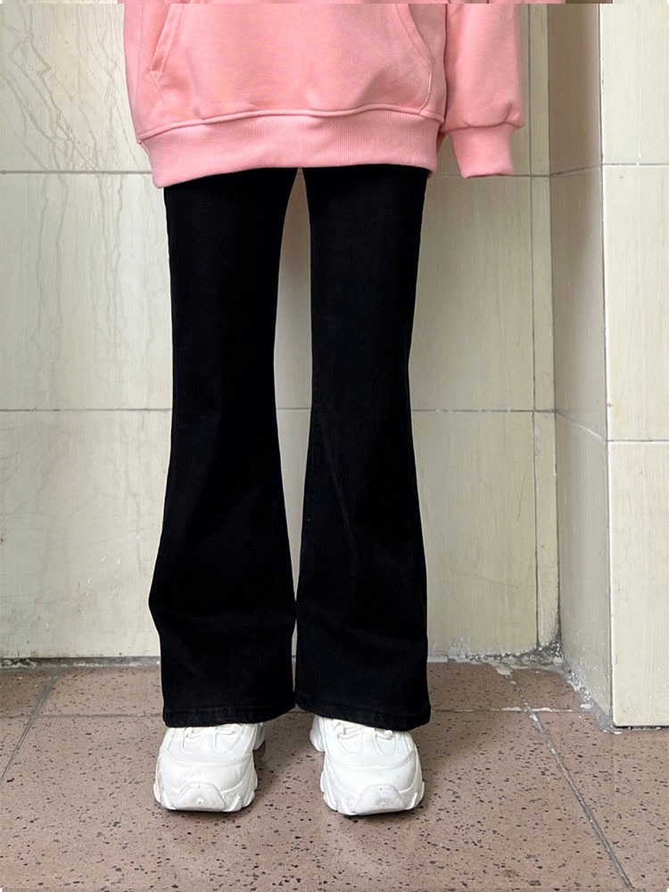 黑色微喇牛仔裤女秋冬加绒胖mm大码高腰显瘦梨形身材弹力马蹄裤子 - 图1