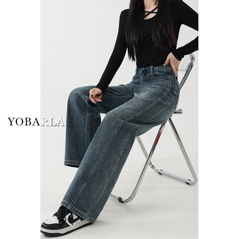 水洗蓝阔腿牛仔裤女秋冬加绒大码胖mm高腰宽松梨形身材显瘦直筒裤 - 图3