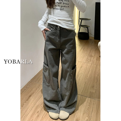 灰色阔腿工装裤女春季新款胖mm大码宽松梨型身材显瘦直筒牛仔裤子 - 图0