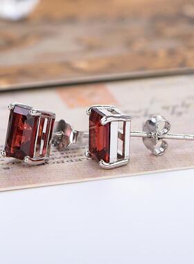 宇彩新品925银镶嵌天然石榴石耳钉长方形红色全净简约时尚包邮