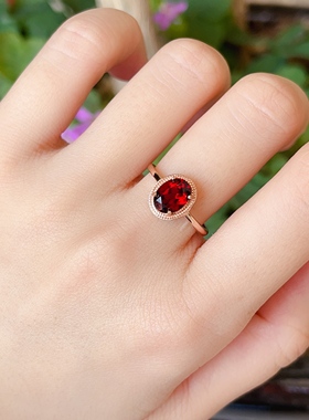 18k金色银镶鸽血红色天然石榴石戒指活圈包邮