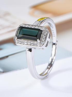 宇彩新品925银镶天然绿碧玺戒指长方形简约时尚可调节活圈包邮