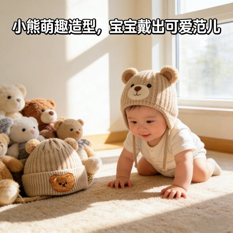婴儿小熊毛线帽秋冬保暖针织护耳帽宝宝可爱套头帽子防寒弹性帽子,淘宝优惠券,粉丝福利购,淘宝优惠卷