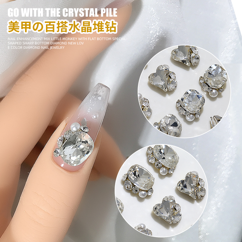 新款美甲水晶成品堆钻饰品爆闪歪心斧头长方网红指甲钻石配饰 - 图0