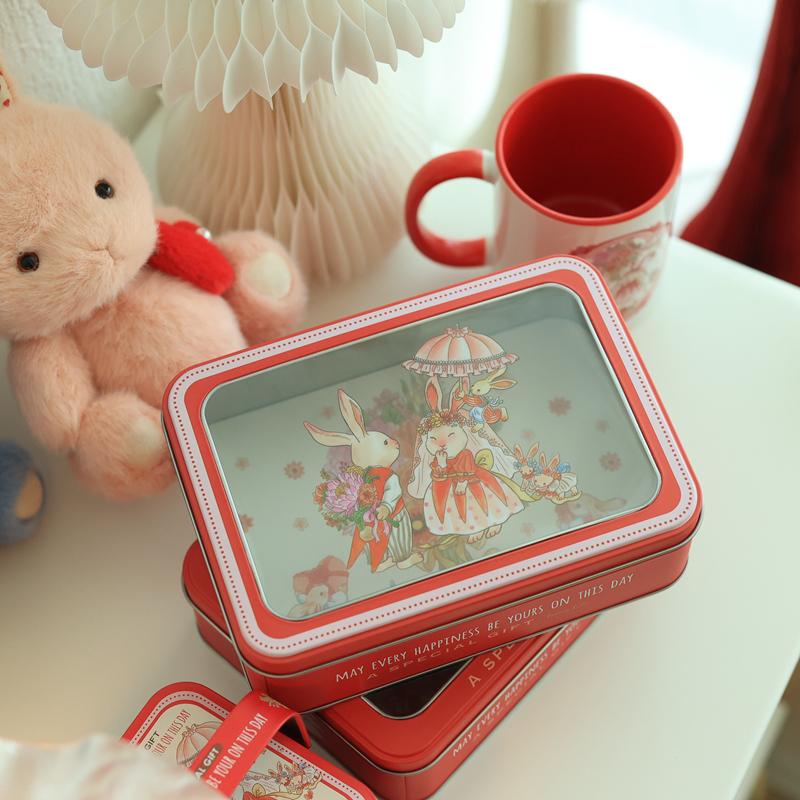 Bunny Lulu长方形胶片天窗马口铁盒喜糖盒伴手礼盒礼品盒曲奇盒红