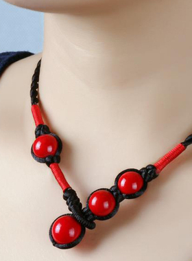 民族风本命年红色珠子棉麻锁骨链