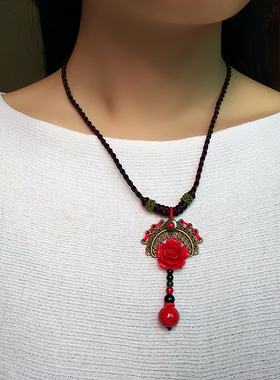 原创大红色花朵短款可调节锁骨链