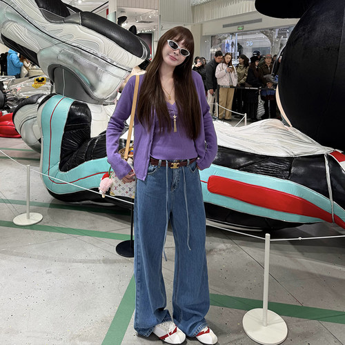 tingtings 蓝色冰丝牛仔裤女窄腰系带宽松阔腿裤复古薄款休闲裤子 - 图1