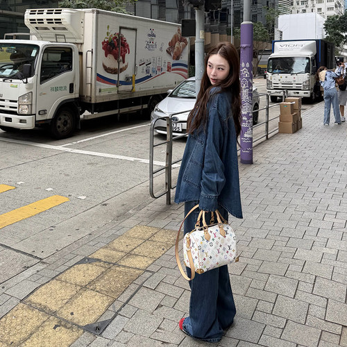 tingtings 蓝色牛仔衬衫套装女早春漂亮宽松衬衣外套上衣休闲裤子 - 图0
