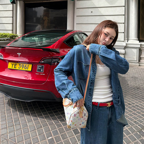 tingtings 蓝色牛仔衬衫套装女早春漂亮宽松衬衣外套上衣休闲裤子 - 图1