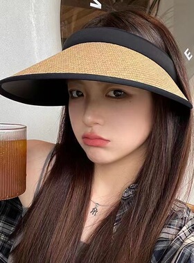 空顶uv防晒太阳帽防紫外线大帽檐女夏沙滩遮阳草帽韩版百搭黑胶帽