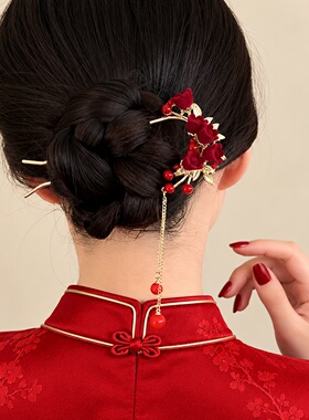 花朵流苏u型发簪女款簪子新中式