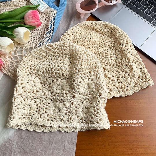 编织堆堆帽子女2024新款蕾丝包头帽夏季薄款镂空钩花针织毛线帽潮