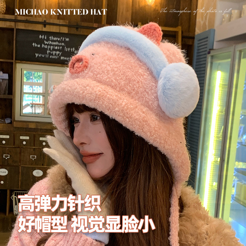 可爱毛绒卡通雪人针织雷锋帽子女冬季大头围保暖毛线帽护耳套头帽,淘宝优惠券,粉丝福利购,淘宝优惠卷