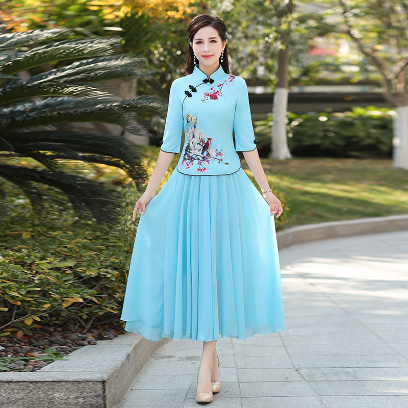 帛合旗舰店改良版旗袍中年妈妈两件套装民国唐装女夏天中国风汉服连衣裙0