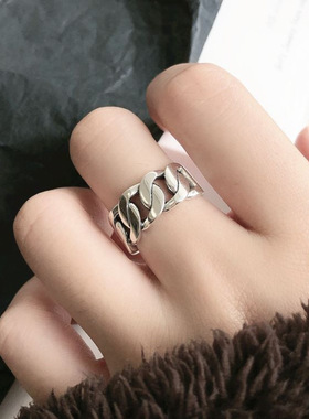 时尚个性复古锁链戒指简约做旧宽面粗链条指环开口戒指高颜值饰品