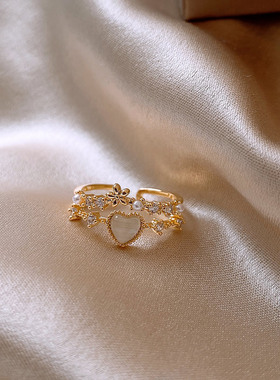 花瓣猫眼石桃心双层戒指女士轻奢小众设计时尚ins风开口爱心指环