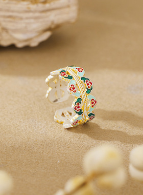 国风新中式珐琅如意花丝戒指小众设计感开口指环复古描金花纹首饰