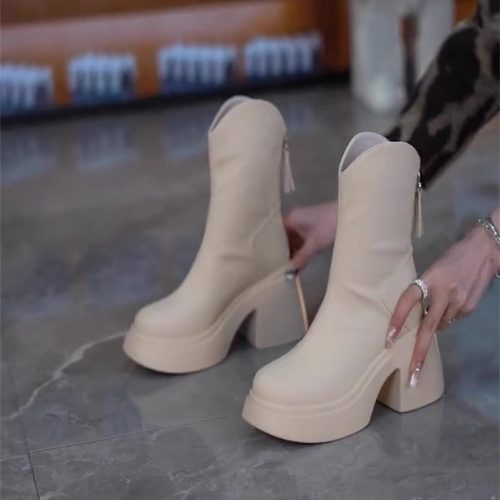 短靴女厚底2023秋冬新款英伦风小个子粗跟防水台切尔西高跟马丁靴 - 图2