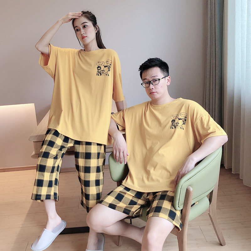 情侣加大码纯棉格子男女薄款睡衣 贝慕雪睡衣/家居服套装