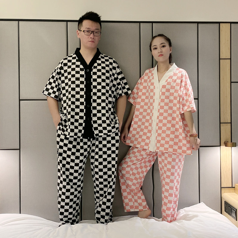 情侣夏天半袖格子长款200斤男睡衣 贝慕雪睡衣/家居服套装