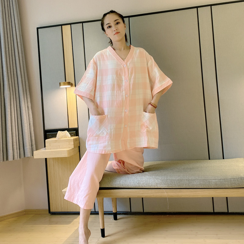 格子开衫半袖七分裤大码纯棉睡衣 贝慕雪睡衣/家居服套装