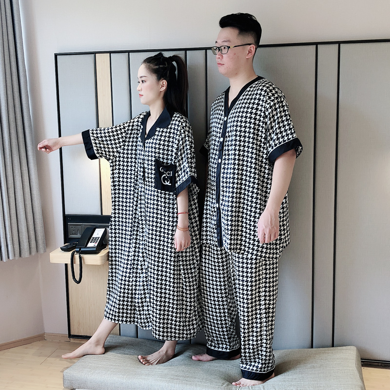 夏季冰丝情侣200斤千鸟格睡裙 贝慕雪睡衣/家居服套装