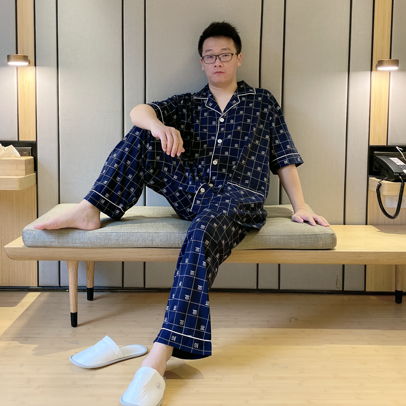 加肥加大肥佬纯棉格子短袖长裤透气 贝慕雪睡衣/家居服套装