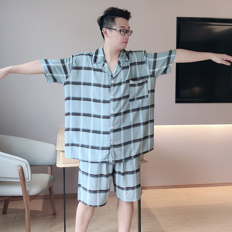 大码200斤夏男士棉绸透气格子睡衣 贝慕雪睡衣/家居服套装