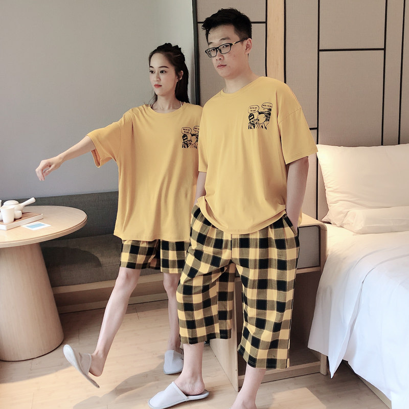 情侣加大码纯棉格子男女薄款睡衣 贝慕雪睡衣/家居服套装