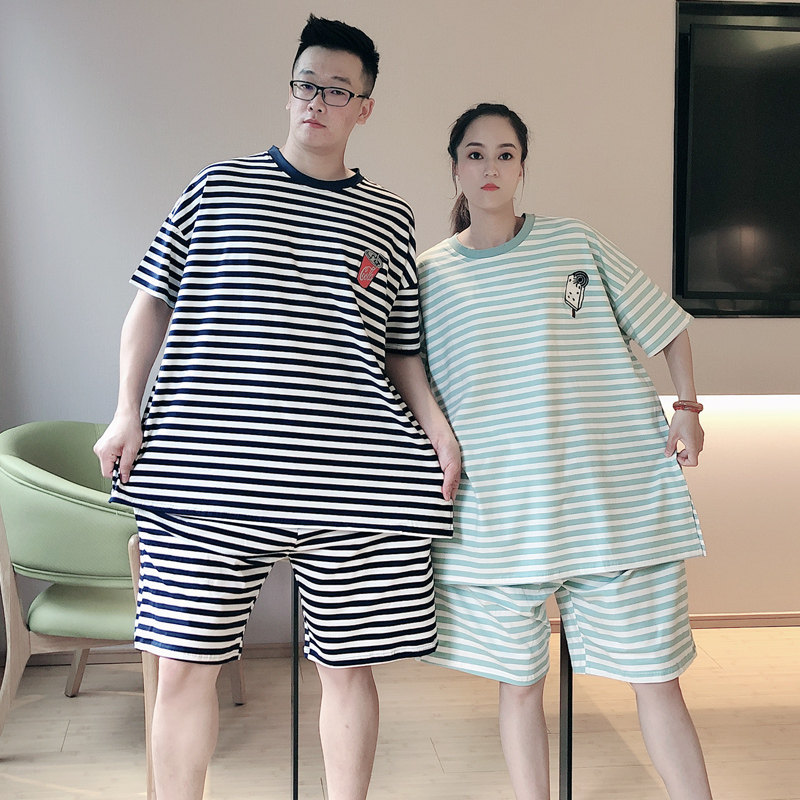 情侣男休闲纯棉加肥大码条纹睡衣 贝慕雪睡衣/家居服套装
