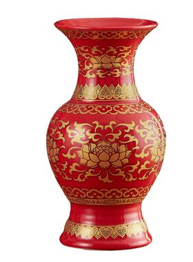 中式中国红佛堂花瓶陶瓷无字莲花瓶供佛佛堂用品描金观音净水瓶