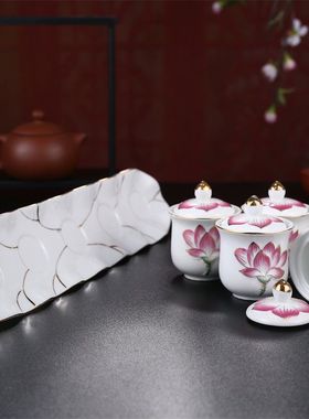 陶瓷圣水杯五联供供水杯供佛杯家用佛前供奉莲花供杯敬佛杯