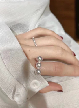 刘亦菲同款平衡木珍珠戒指三珠款淡水珍珠戒指S925银戒圈可调节