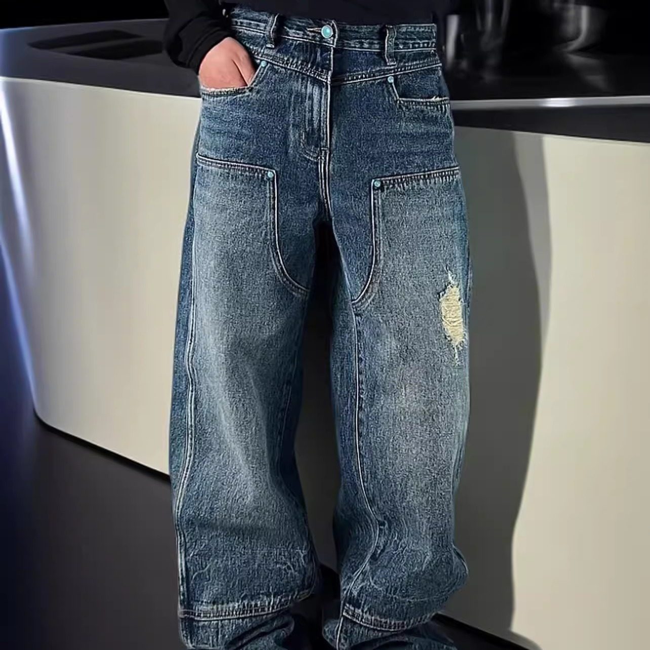 美式休闲拼接牛仔裤男宽松直筒刮烂复古长裤2026新款破洞弯刀裤子,淘宝优惠券,粉丝福利购,淘宝优惠卷