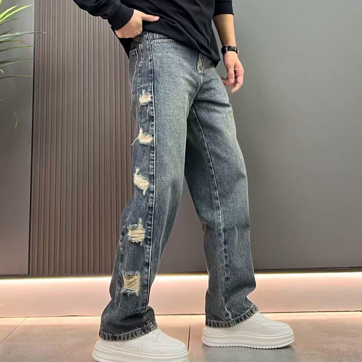 设计款假破洞牛仔裤男宽松潮牌拼接做旧直筒长裤水洗美式休闲裤子,淘宝优惠券,粉丝福利购,淘宝优惠卷