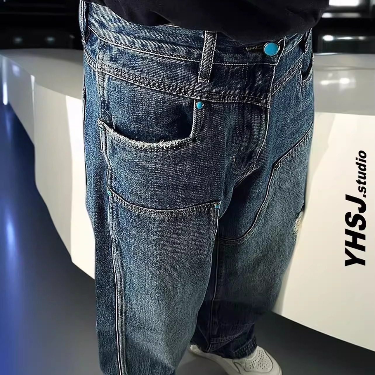美式休闲拼接牛仔裤男宽松直筒刮烂复古长裤2026新款破洞弯刀裤子,淘宝优惠券,粉丝福利购,淘宝优惠卷