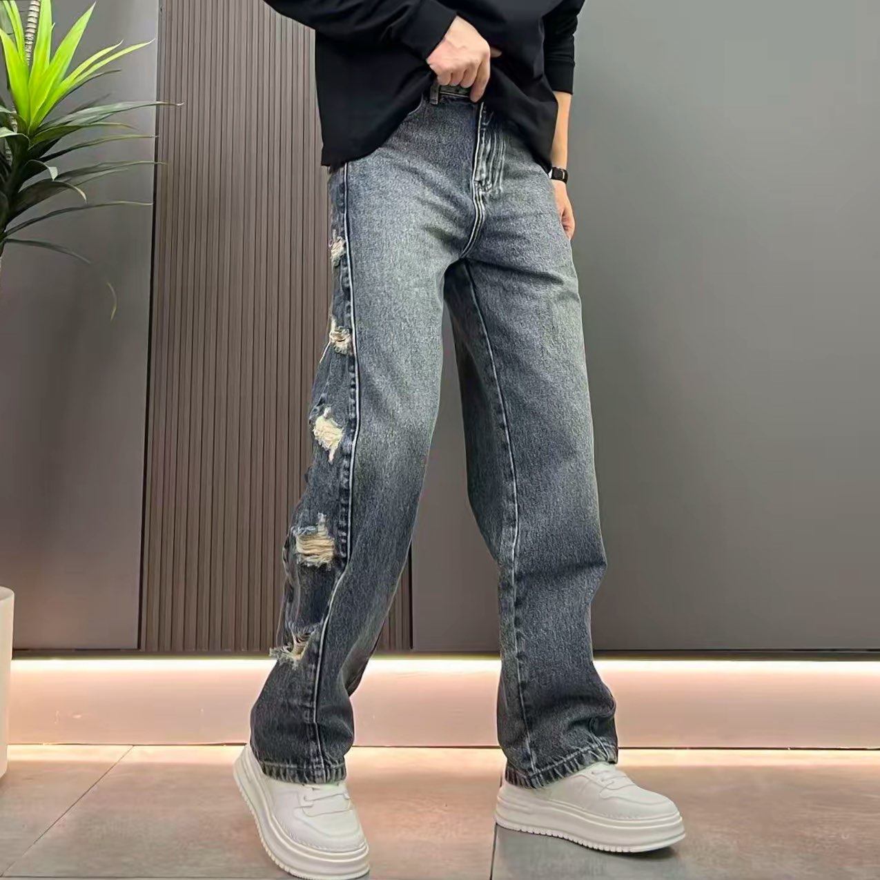 设计款假破洞牛仔裤男宽松潮牌拼接做旧直筒长裤水洗美式休闲裤子,淘宝优惠券,粉丝福利购,淘宝优惠卷