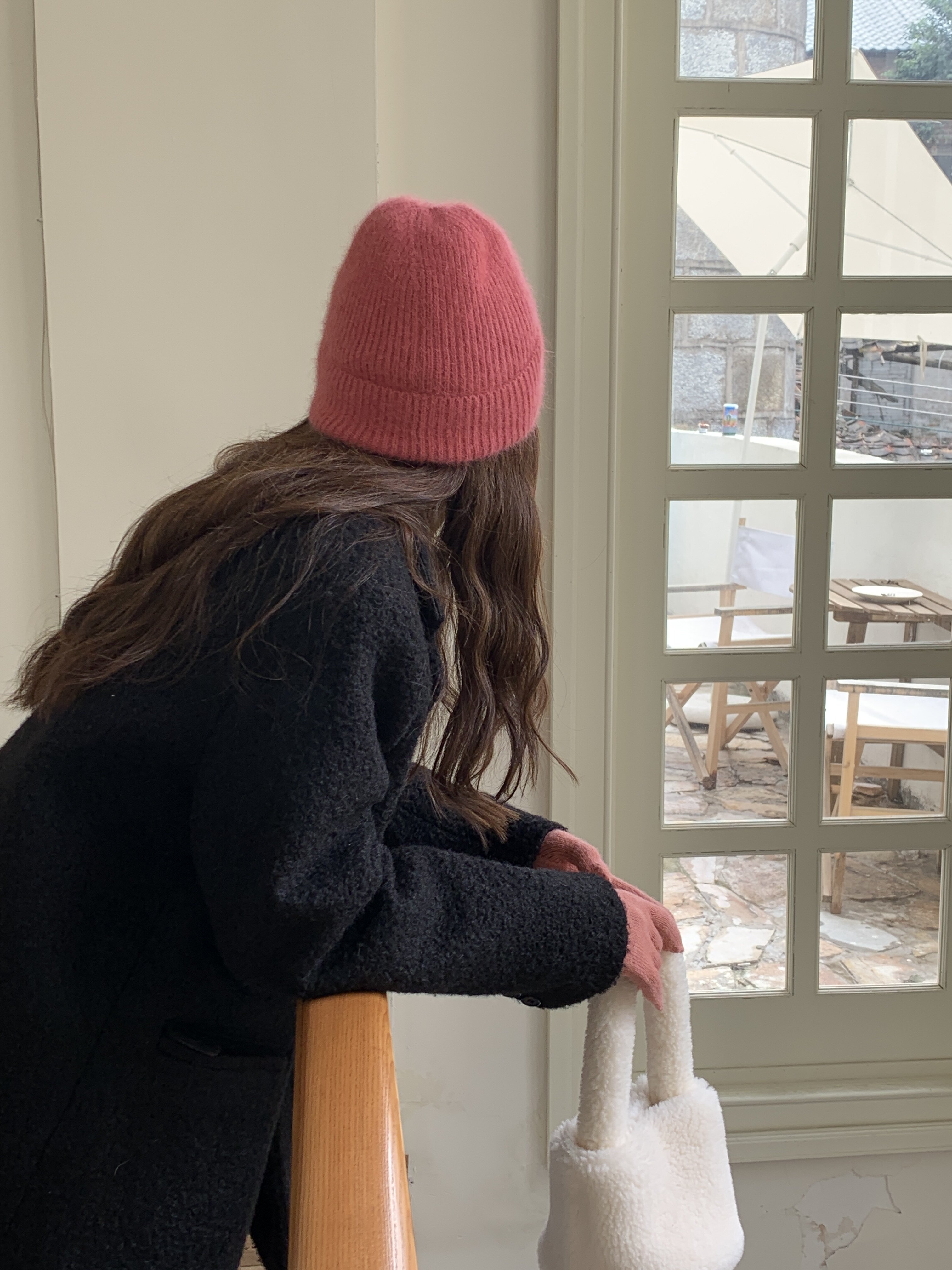 定制款~粉色兔毛毛线帽女秋冬户外保暖帽子氛围感针织冷帽堆堆帽