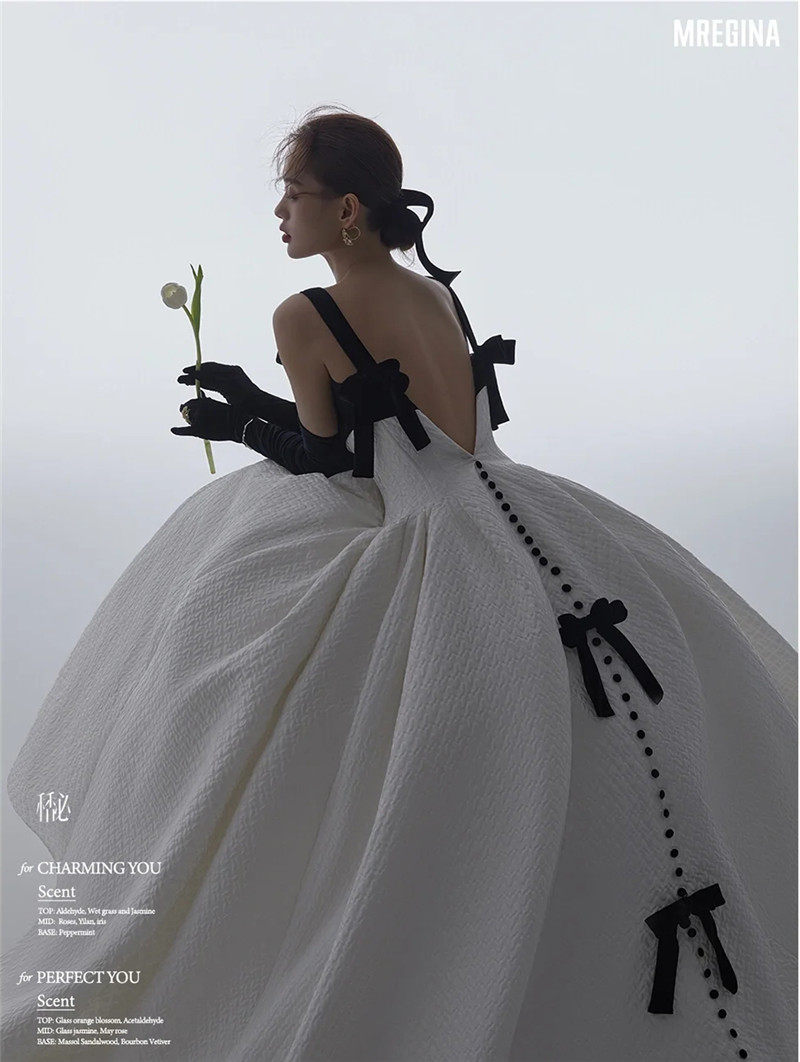 影楼新款法式复古情侣拖尾吊带婚纱 耳夲婚纱