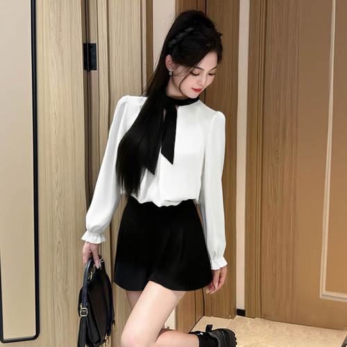 2026春季新款女黑白衬衫气质显瘦长袖上衣裤子套装两件套D3276 - 图1