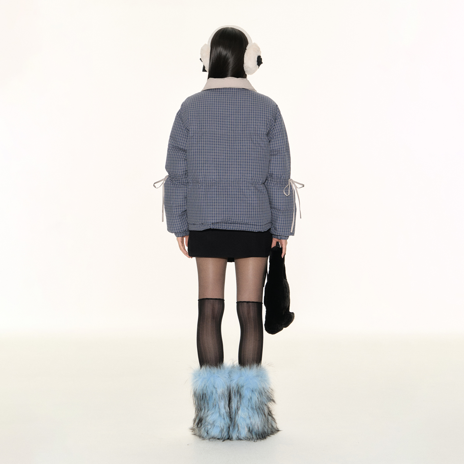 FPMZ撞色翻领小蓝格子90白鸭绒羽绒服袖子抽绳蝴蝶结绑带棉服外套 - 图2