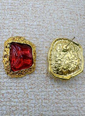 中古vintage复古耳饰宫廷风金属不规则红色果冻琉璃耳钉【C229】