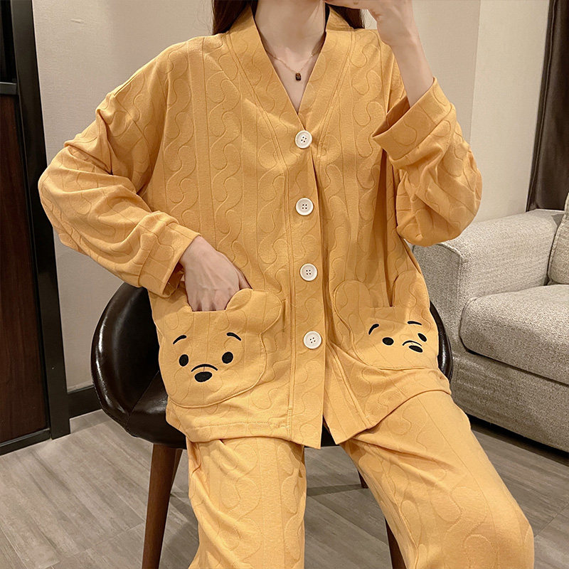 春秋时尚小熊口袋长袖开衫纯棉睡衣 采蝶衣睡衣/家居服套装