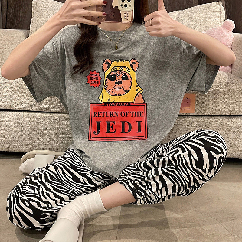 新款纯棉短袖学生夏季长款宽松睡衣 采蝶衣睡衣/家居服套装